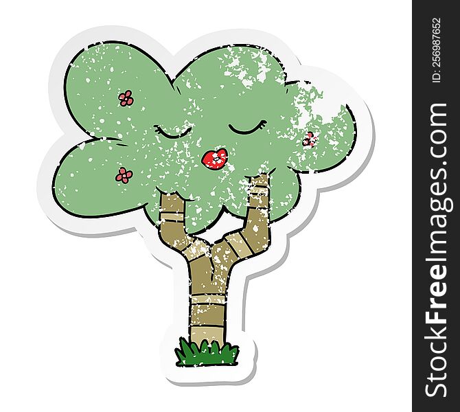 Distressed Sticker Of A Cartoon Tree With Face