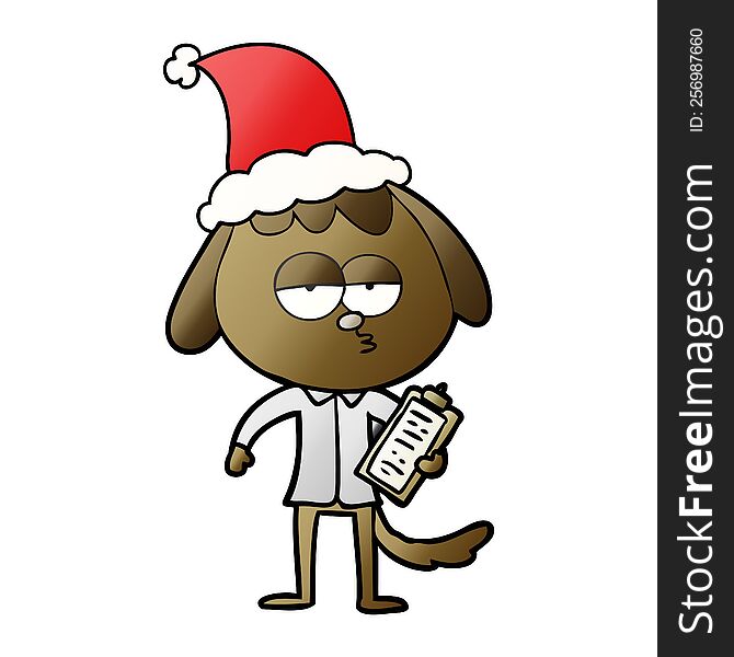 hand drawn gradient cartoon of a bored dog in office clothes wearing santa hat