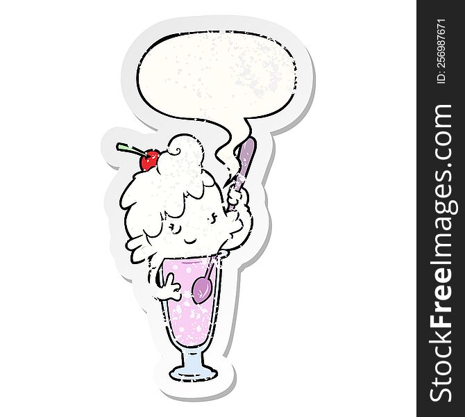 cartoon ice cream soda girl with speech bubble distressed distressed old sticker. cartoon ice cream soda girl with speech bubble distressed distressed old sticker