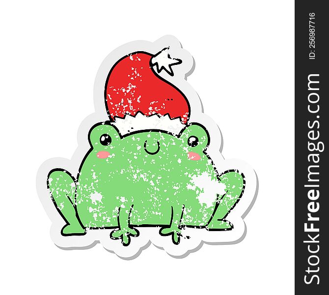 Distressed Sticker Of A Cute Cartoon Christmas Frog