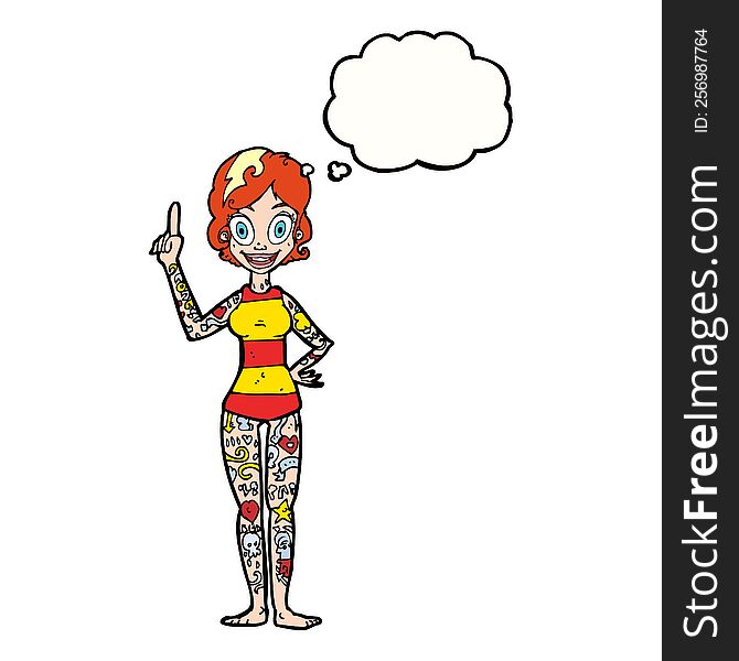 cartoon woman covered in tattoos with thought bubble