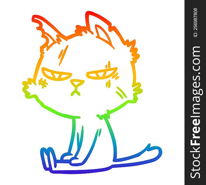 rainbow gradient line drawing of a tough cartoon cat sitting