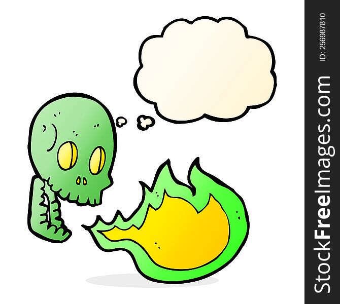 cartoon fire breathing skull with thought bubble