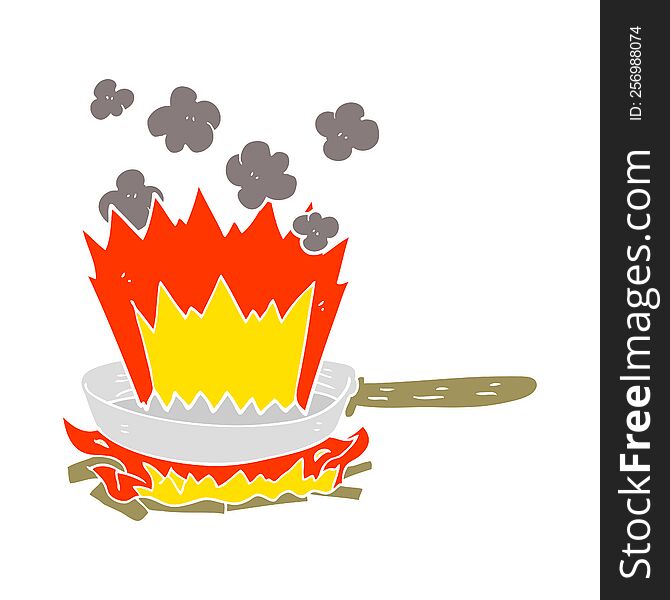 Flat Color Illustration Of A Cartoon Frying Pan On Fire