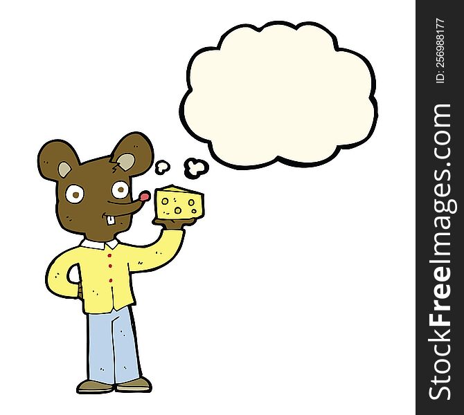 cartoon mouse holding cheese with thought bubble