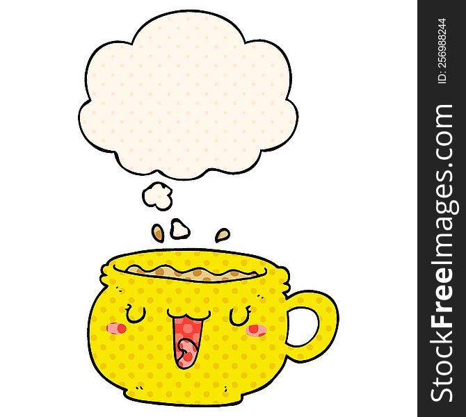 Cute Cartoon Coffee Cup And Thought Bubble In Comic Book Style