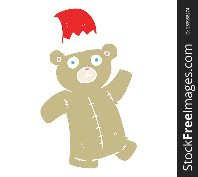 Flat Color Illustration Of A Cartoon Teddy Bear Wearing Christmas Hat