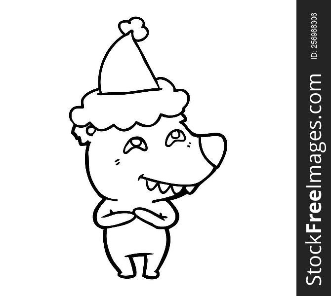 hand drawn line drawing of a bear showing teeth wearing santa hat