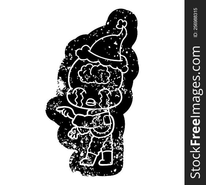 Cartoon Distressed Icon Of A Big Brain Alien Crying And Pointing Wearing Santa Hat