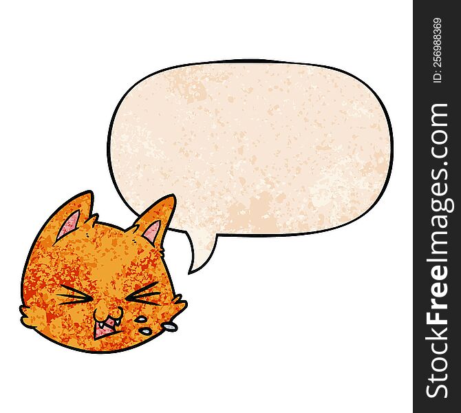 spitting cartoon cat face with speech bubble in retro texture style