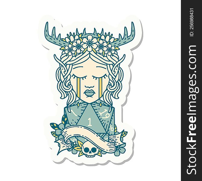 Crying Elf Druid Character Face With Natural One D20 Dice Roll Sticker
