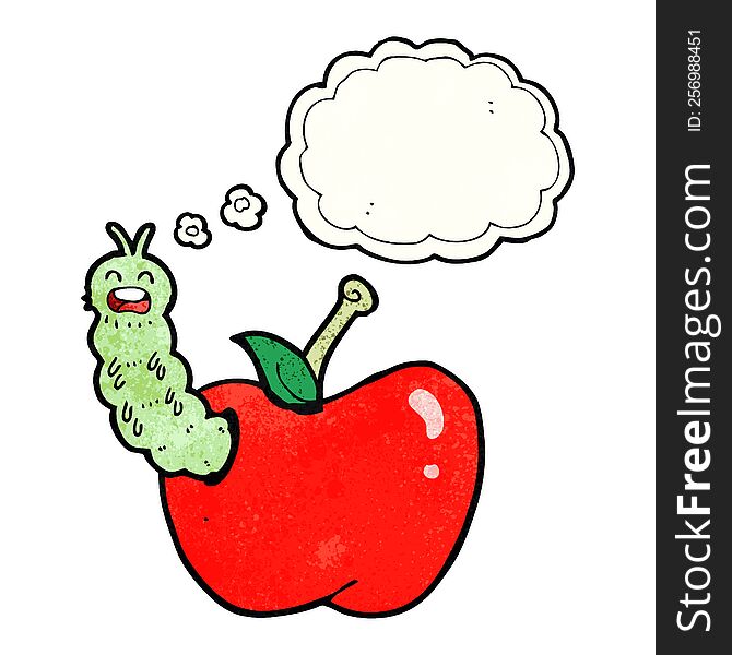 cartoon bug eating apple with thought bubble