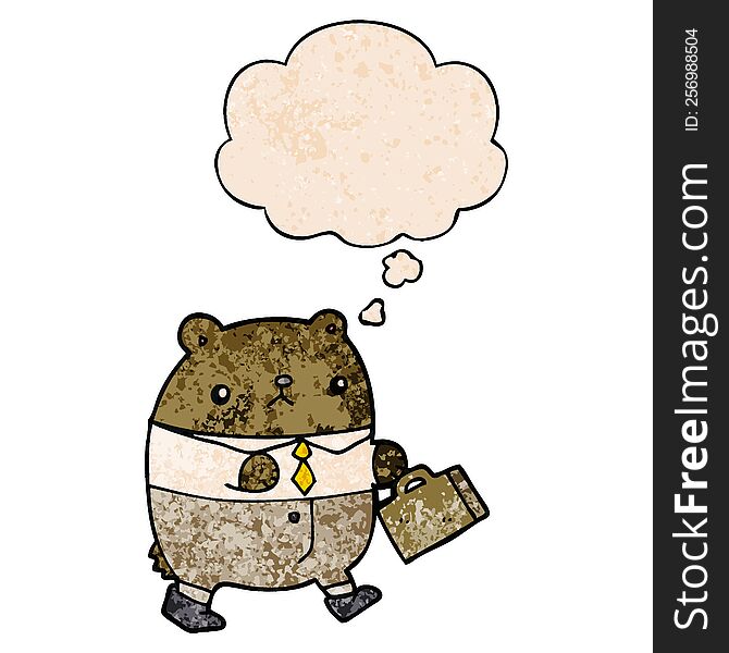 Cartoon Bear In Work Clothes And Thought Bubble In Grunge Texture Pattern Style
