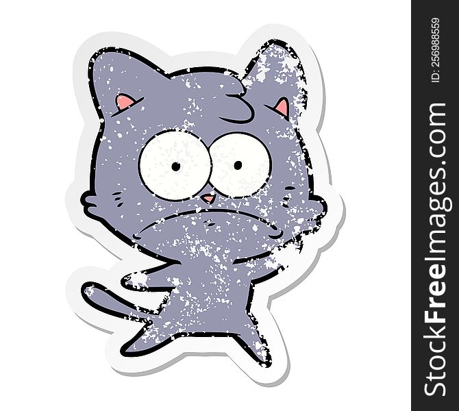 Distressed Sticker Of A Cartoon Nervous Cat