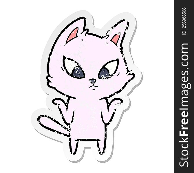 Distressed Sticker Of A Confused Cartoon Cat Shrugging Shoulders