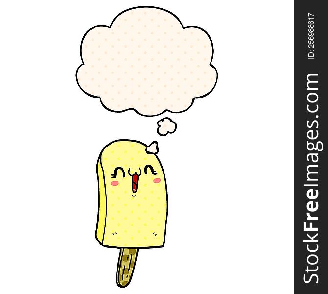 cartoon frozen ice lolly with thought bubble in comic book style