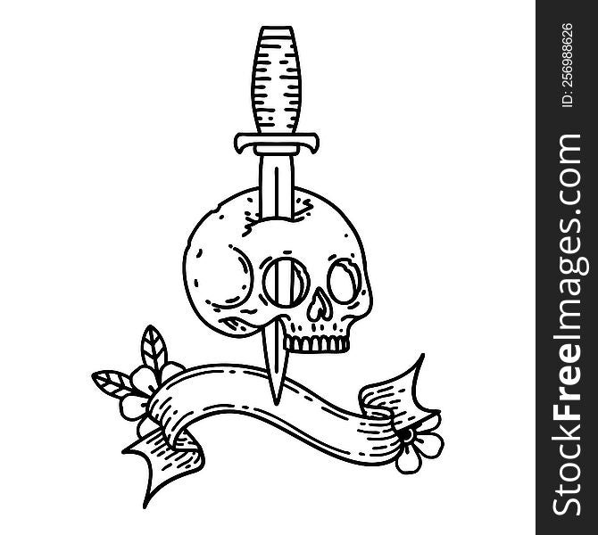 Black Linework Tattoo With Banner Of A Skull And Dagger
