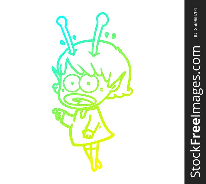 Cold Gradient Line Drawing Cartoon Shocked Alien Girl