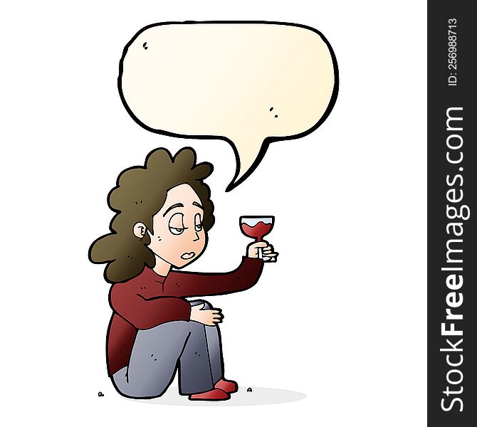 Cartoon Unhappy Woman With Glass Of Wine With Speech Bubble