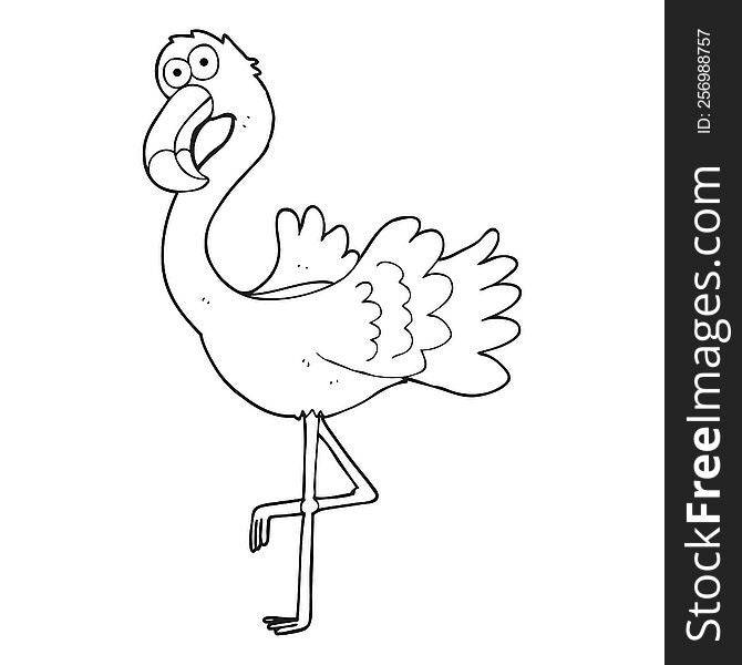 freehand drawn black and white cartoon flamingo