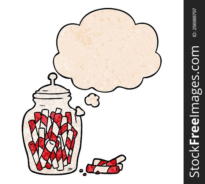 Cartoon Jar Of Candy And Thought Bubble In Grunge Texture Pattern Style