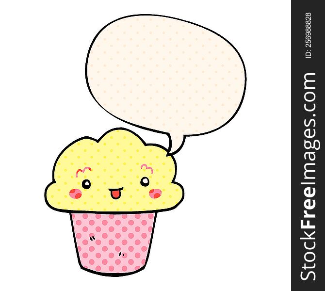 cartoon cupcake with face with speech bubble in comic book style. cartoon cupcake with face with speech bubble in comic book style