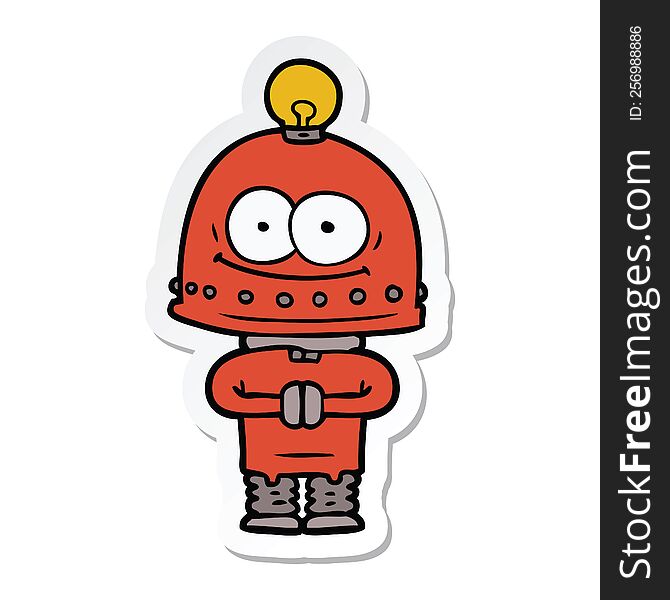 sticker of a happy carton robot with light bulb