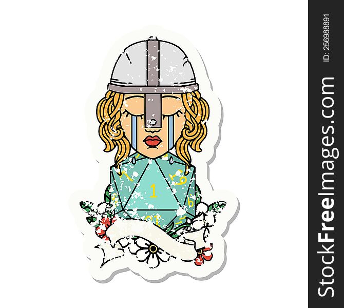 grunge sticker of a crying human fighter with natural one D20 roll. grunge sticker of a crying human fighter with natural one D20 roll