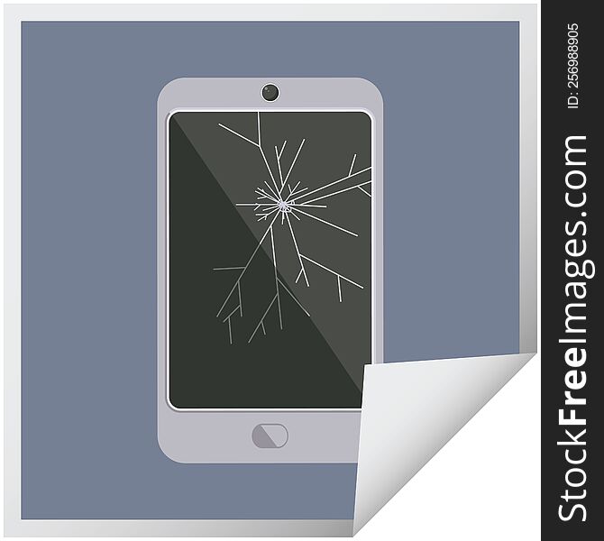 cracked screen cell phone graphic vector illustration square sticker. cracked screen cell phone graphic vector illustration square sticker