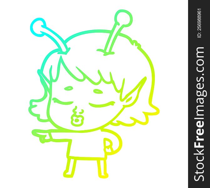 cold gradient line drawing of a cute alien girl cartoon pointing