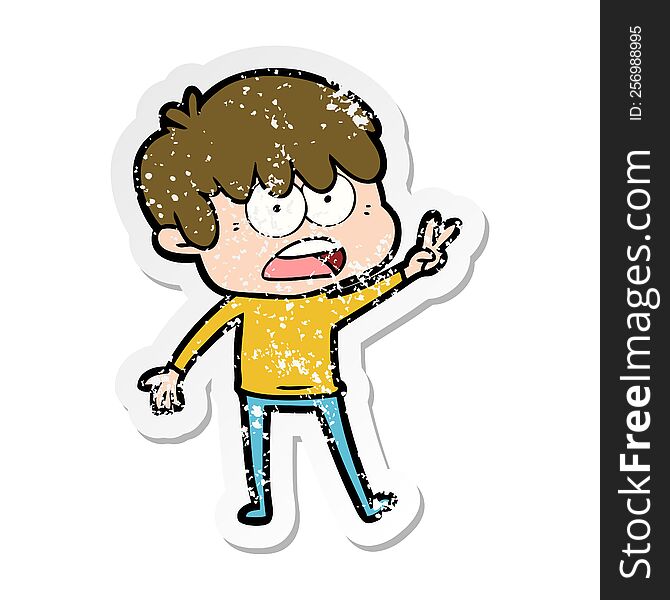 Distressed Sticker Of A Worried Cartoon Boy