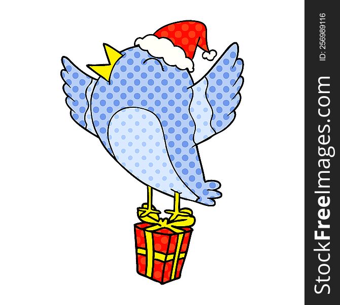hand drawn comic book style illustration of a bird wearing santa hat