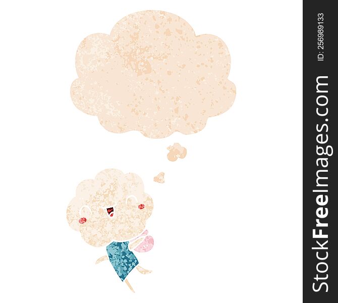 cute cartoon cloud head creature with thought bubble in grunge distressed retro textured style. cute cartoon cloud head creature with thought bubble in grunge distressed retro textured style