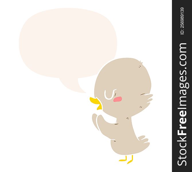cute cartoon duckling with speech bubble in retro style