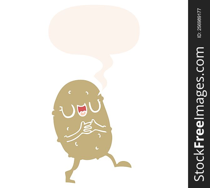 cartoon happy potato with speech bubble in retro style