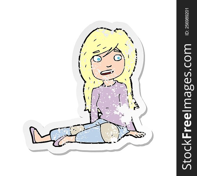 retro distressed sticker of a cartoon girl sitting on floor