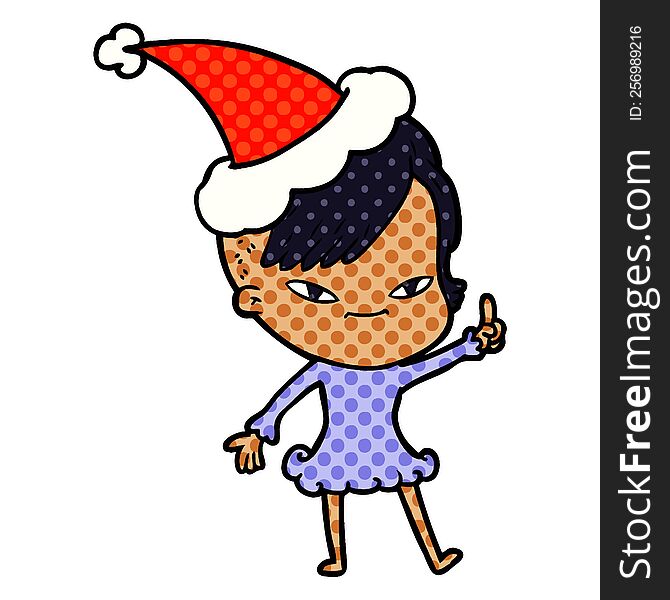 cute comic book style illustration of a girl with hipster haircut wearing santa hat