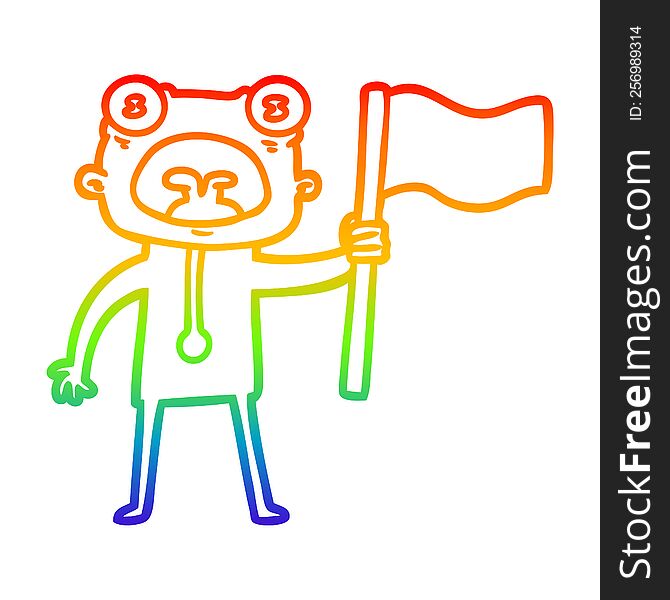 Rainbow Gradient Line Drawing Cartoon Weird Alien With Flag