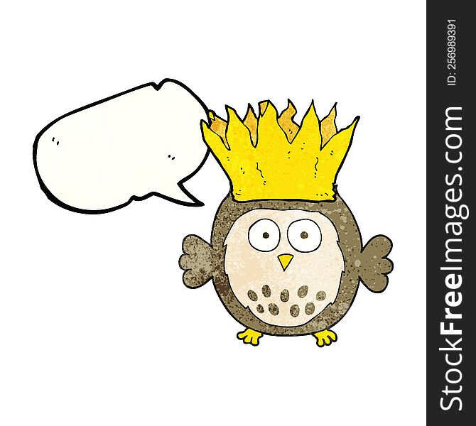 freehand speech bubble textured cartoon owl wearing paper crown christmas hat
