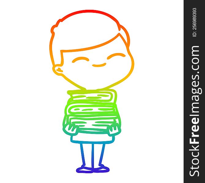 rainbow gradient line drawing of a cartoon smiling boy with stack of books