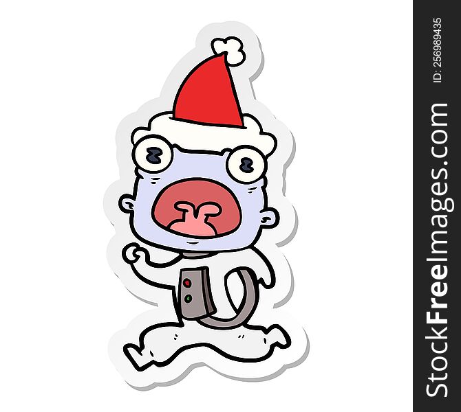 Sticker Cartoon Of A Weird Alien Running Away Wearing Santa Hat