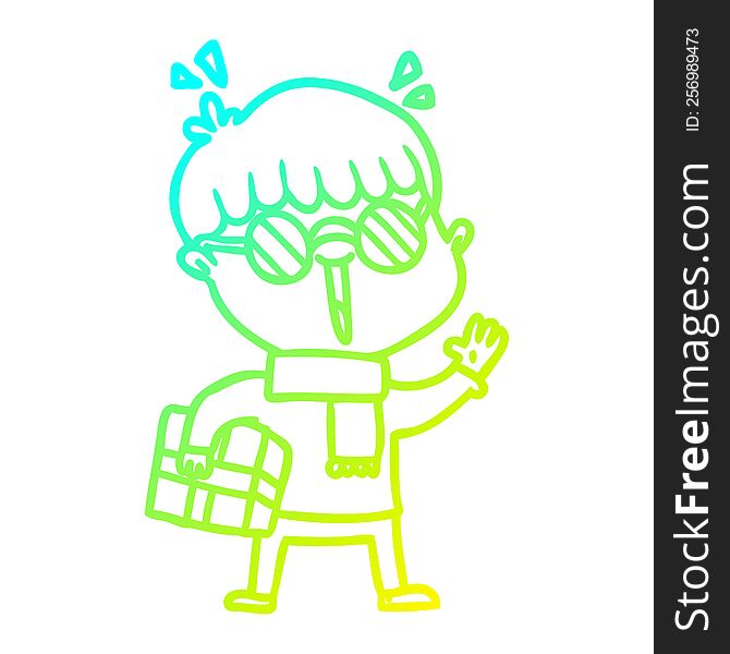 Cold Gradient Line Drawing Cartoon Boy With Parcel Waving