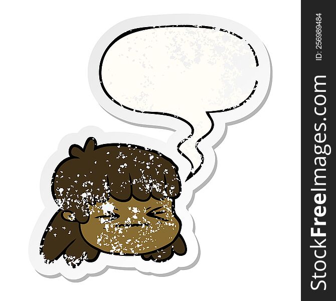 Cartoon Female Face And Speech Bubble Distressed Sticker