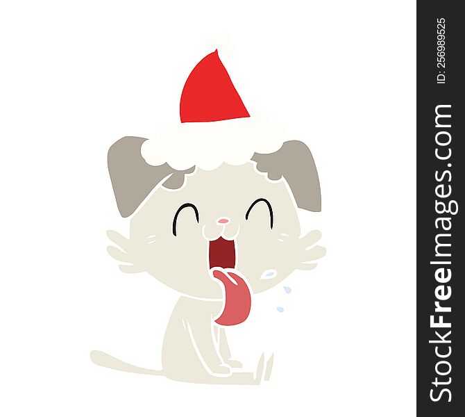 hand drawn flat color illustration of a panting dog wearing santa hat