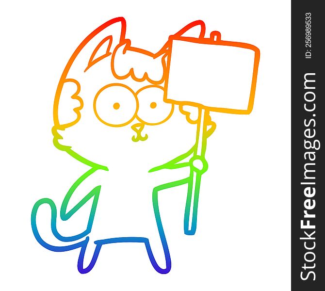 Rainbow Gradient Line Drawing Happy Cartoon Cat With Sign