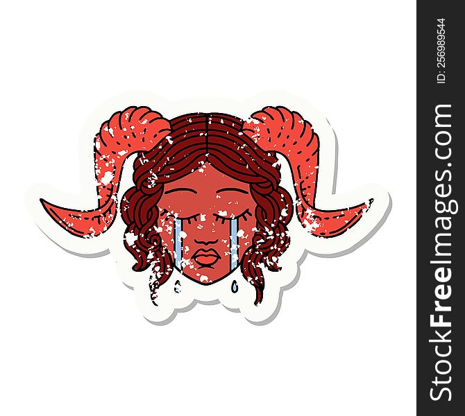 grunge sticker of a crying tiefling character face. grunge sticker of a crying tiefling character face