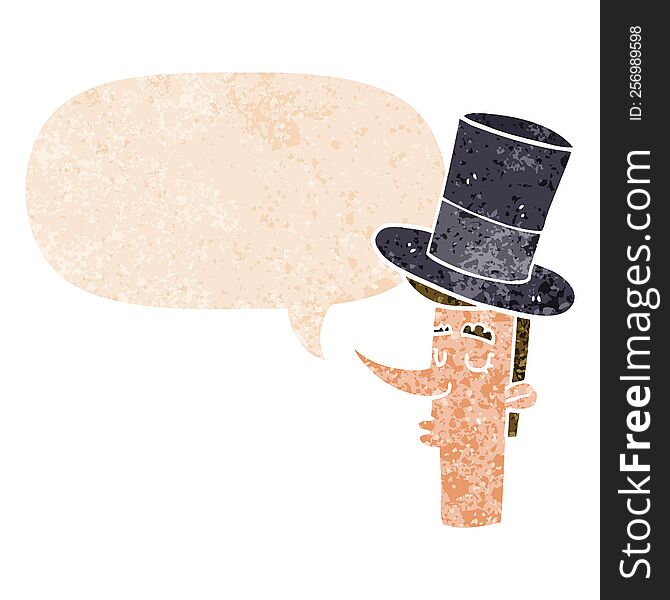 Cartoon Man Wearing Top Hat And Speech Bubble In Retro Textured Style