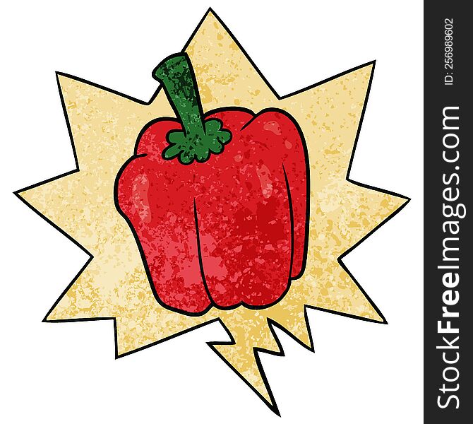 cartoon fresh organic pepper with speech bubble in retro texture style