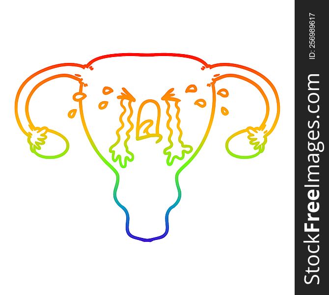 rainbow gradient line drawing of a cartoon uterus crying