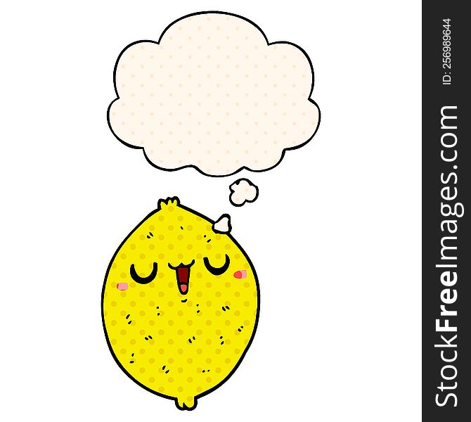 Cartoon Happy Lemon And Thought Bubble In Comic Book Style